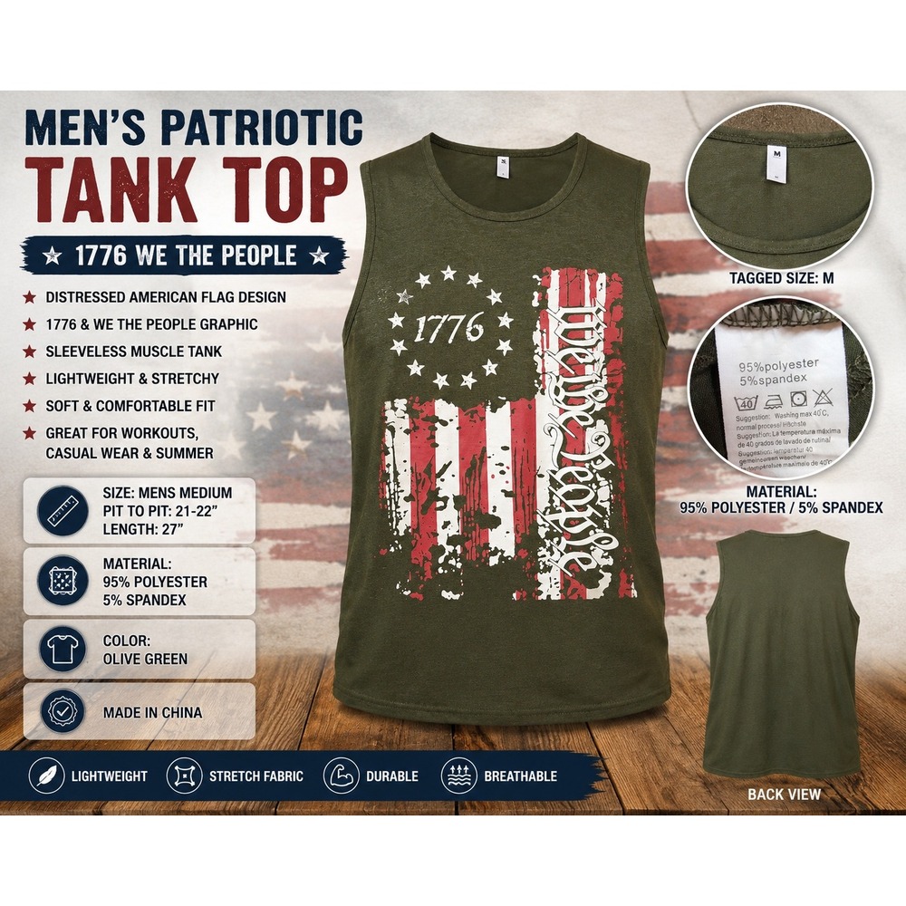 Andy Men Patriotic 1776 We The People Tank Top Olive Green Medium Flag Shirt